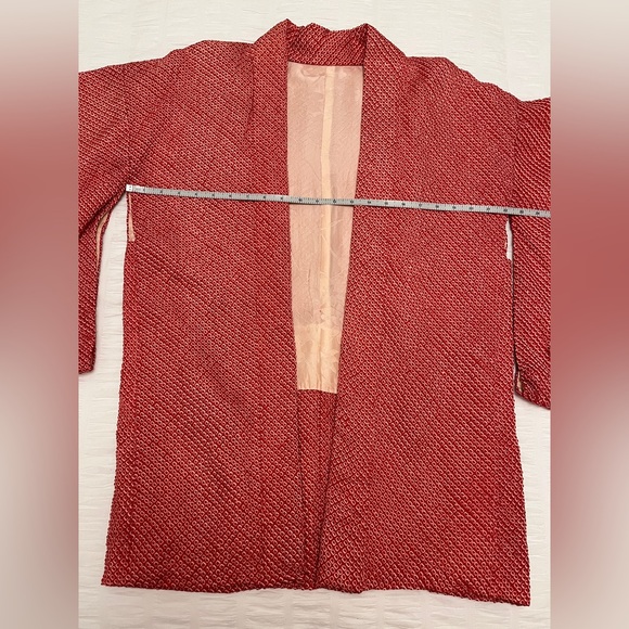 HAORI Kimono Sleeve Japanese Jacket Red Textured Fabric Jacquard Floral Lining - Picture 15 of 16